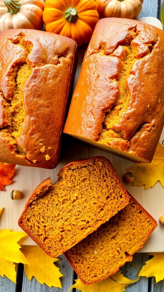 Two loaves of pumpkin bread on a cutting board with autumn decorations.